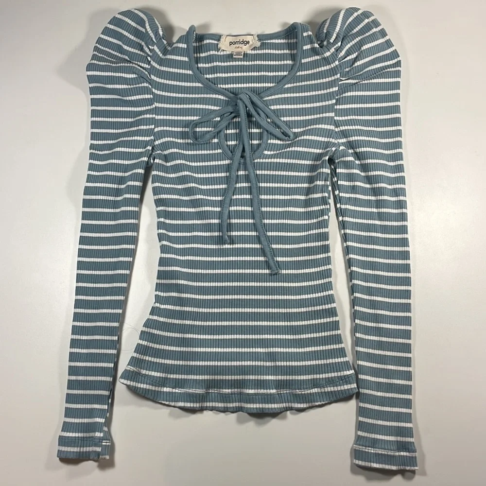 Anthropologie PORRIDGE puff-sleeve tie-front stripes top Size XXS